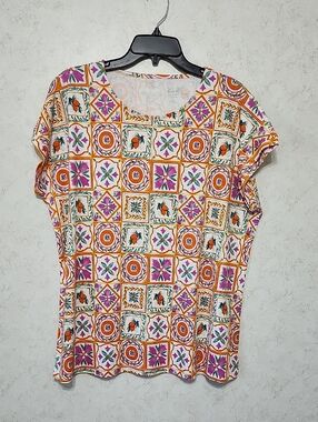 Floral Citrus Mosaic Tile Printed Short Sleeve Tee Shirt Fruit Summer Colorful